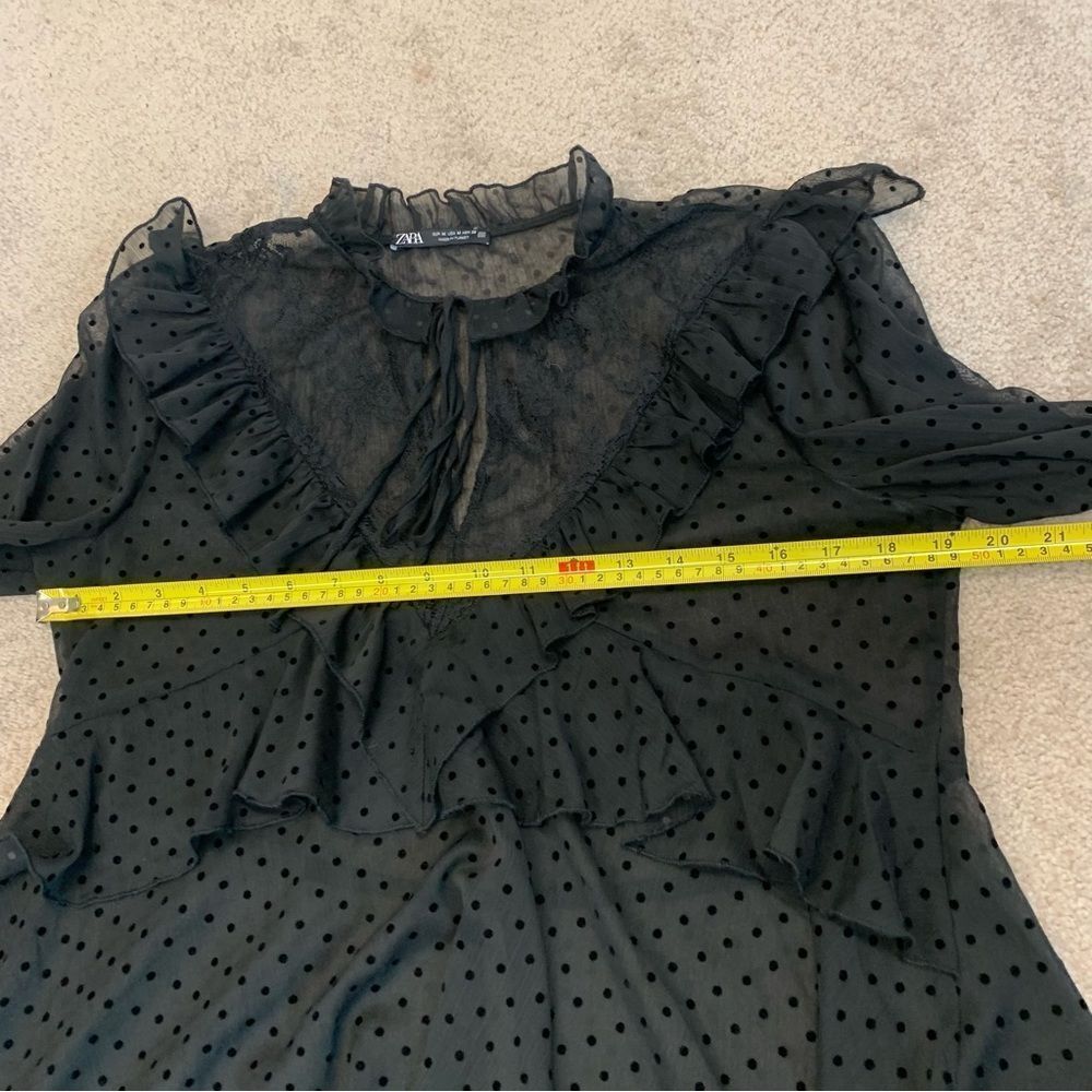ZARA black mesh polka dot ruffle frill sheer lace long sleeve blouse Sz M - Picture 10 of 13
